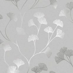 Floral Wallpaper Flowers Grey Silver Metallic Shimmer Holden Decor Ginkgo