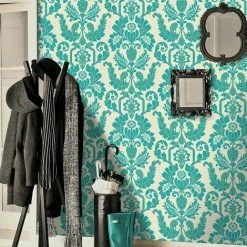 Velvet Flock Damask Wallpaper Turquoise Cream Metallic Paste Wall Holden Decor -HOLDEN DECOR Shop 11481244 4