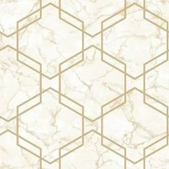 Hexagon Geometric Marble Wallpaper Beige Metallic Gold Silver Holden Decor