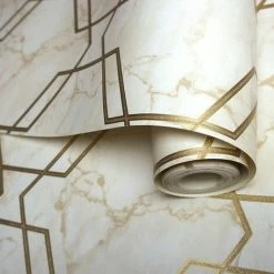 Hexagon Geometric Marble Wallpaper Beige Metallic Gold Silver Holden Decor -HOLDEN DECOR Shop 11942575 3