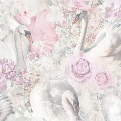 HOLDEN DECOR Glitter Swans Wallpaper Pink White Silver Damask Floral Textured Cygnet Holden