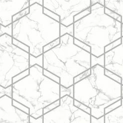 Hexagon Geometric Marble Wallpaper Grey Metallic Silver Washable Holden Decor