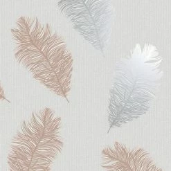 HOLDEN DECOR Feathers Wallpaper Glitter Metallic Rose Gold Silver Grey Textured Holden