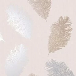 HOLDEN DECOR Feathers Wallpaper Glitter Metallic Rose Gold Silver Blush Pink Textured Holden