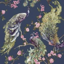 Menali Peacock Glitter Wallpaper Blue Pink Birds Leaf Floral Vinyl Holden Decor