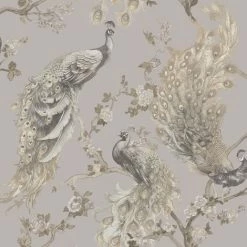 Menali Peacock Glitter Wallpaper Grey White Birds Leaf Floral Vinyl Holden Decor