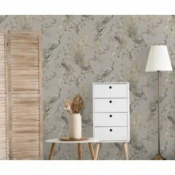 Menali Peacock Glitter Wallpaper Grey White Birds Leaf Floral Vinyl Holden Decor -HOLDEN DECOR Shop 13455363 3
