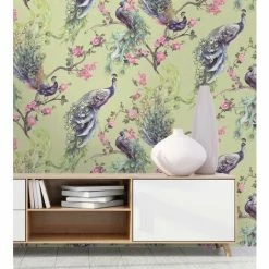 Menali Peacock Glitter Wallpaper Green Purple Birds Floral Vinyl Holden Decor -HOLDEN DECOR Shop 13455364 3