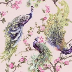 Menali Peacock Glitter Wallpaper Pink Green Birds Leaf Floral Vinyl Holden Decor