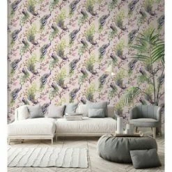Menali Peacock Glitter Wallpaper Pink Green Birds Leaf Floral Vinyl Holden Decor -HOLDEN DECOR Shop 13455365 3