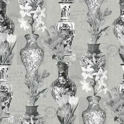 Kyoto Oriental Vases Flowers Wallpaper Grey Silver Metallic Holden Decor Imari