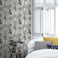 Kyoto Oriental Vases Flowers Wallpaper Grey Silver Metallic Holden Decor Imari -HOLDEN DECOR Shop 13979150 3