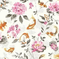 Koi Carp Water Lilies Floral Wallpaper White Pink Fish Paste Wall Holden Decor