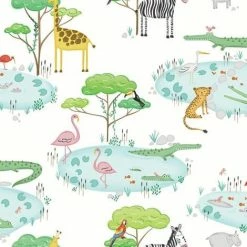 Crocodile Lake Children's Wallpaper White Animal Print Hippo Zebra Holden Decor