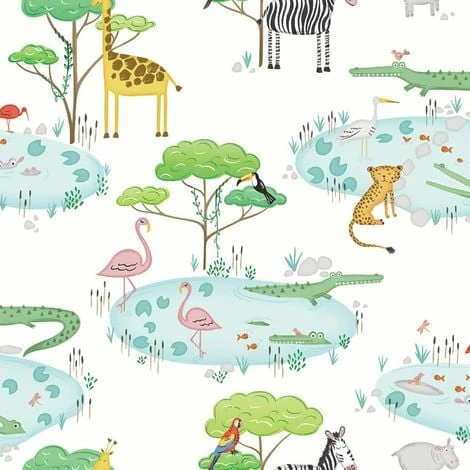 Crocodile Lake Children's Wallpaper White Animal Print Hippo Zebra Holden Decor Crocodile Lake Children's Wallpaper White Animal Print Hippo Zebra Holden Decor -HOLDEN DECOR Shop 14673299 1