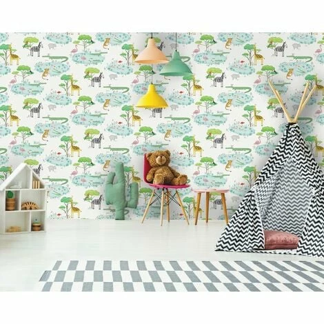Crocodile Lake Children's Wallpaper White Animal Print Hippo Zebra Holden Decor Crocodile Lake Children's Wallpaper White Animal Print Hippo Zebra Holden Decor -HOLDEN DECOR Shop 14673299 3