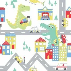 Children's Dino Road Wallpaper White Nursery Kids Cars Dinosaurs Holden Decor