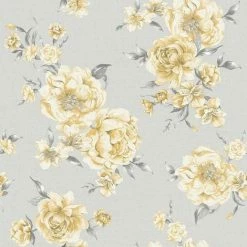 Peony Yellow Light Grey Floral Wallpaper Roses Flowers Painterly Holden Decor