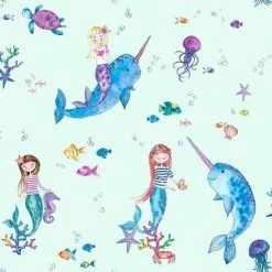 HOLDEN DECOR Narwhals Mermaids Wallpaper Holden Teal Ocean Sea Life Fish Girls Glitter