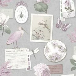 HOLDEN DECOR Curiosity Collage Grey Heather Wallpaper Holden Floral Pink Birds Flowers