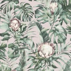 HOLDEN DECOR Protea Floral Wallpaper Holden Jungle Tropical Dusky Pink Palm Leaf Green