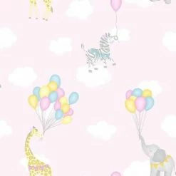 HOLDEN DECOR Animal Balloons Wallpaper Holden Kids Pink Giraffe Elephant Animals Clouds