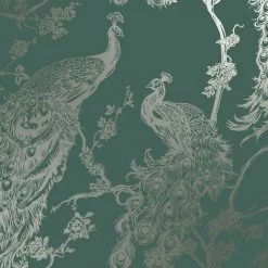 Glistening Peacock Emerald Green Wallpaper Metallic Bronze Holden Decor Bird Trees Feather