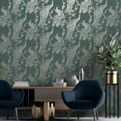 Glistening Peacock Emerald Green Wallpaper Metallic Bronze Holden Decor Bird Trees Feather -HOLDEN DECOR Shop 29297120 3
