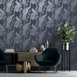 Glistening Peacock Navy Blue Wallpaper Metallic Silver Holden Decor Bird Trees Feather -HOLDEN DECOR Shop 29297122 3