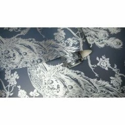 Glistening Peacock Navy Blue Wallpaper Metallic Silver Holden Decor Bird Trees Feather -HOLDEN DECOR Shop 29297122 4