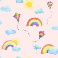 HOLDEN DECOR Rainbows Flying Kites Wallpaper Holden Pink Multi Clouds Sun Kids Nursery