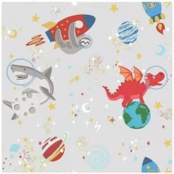 Holden Decor Space Animals Rocket Shark Sloth Star Wallpaper - Grey 90920