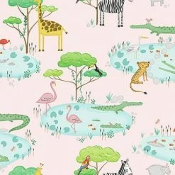 HOLDEN DECOR Holden Kids Animals Lake Wallpaper Crocodile Flamingo Zebra Giraffe - Pink 90931