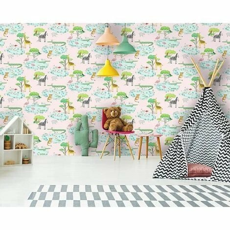 HOLDEN DECOR Holden Kids Animals Lake Wallpaper Crocodile Flamingo Zebra Giraffe - Pink 90931 HOLDEN DECOR Holden Kids Animals Lake Wallpaper Crocodile Flamingo Zebra Giraffe - Pink 90931 -HOLDEN DECOR Shop 33961461 2