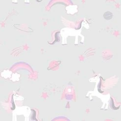 Holden Decor Kids Unicorns Rockets And Rainbows Wallpaper - Grey 90960