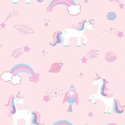 Holden Decor Kids Unicorns Rockets And Rainbows Wallpaper - Pink 90961