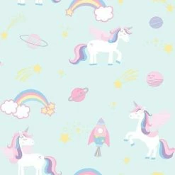Holden Decor Kids Unicorns Rockets And Rainbows Wallpaper - Teal 90962