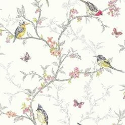 Holden Decor Phoebe Birds Butterfly Branches Leaves Wallpaper - White 98080
