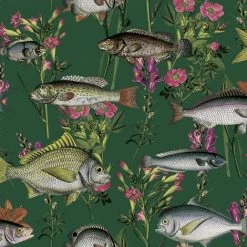 HOLDEN DECOR Green Lagoon Wallpaper Holden Décor Fish Carp Floral Pink Orange