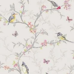 Holden Decor Dove Grey Multi Color Birds Trees Floral Butterfly Wallpaper