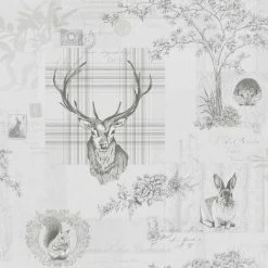 HOLDEN DECOR Stag Wallpaper Grey Charcoal Woodland Animal Print Rustic Rabbit Trees Flowers