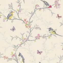 Holden Decor Phoebe Birds Butterfly Branches Leaves Wallpaper - Beige 98082