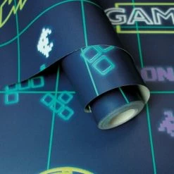 HOLDEN DECOR Holden Gamer Boys Navy Neon Yellow Boys Space Invader Paste The Paper Wallpaper -HOLDEN DECOR Shop 68696318 2