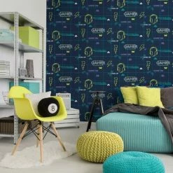 HOLDEN DECOR Holden Gamer Boys Navy Neon Yellow Boys Space Invader Paste The Paper Wallpaper -HOLDEN DECOR Shop 68696318 3