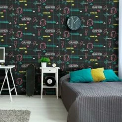 HOLDEN DECOR Holden Gamer Boys Black Neon Pink Boys Space Invader Paste The Paper Wallpaper -HOLDEN DECOR Shop 68696324 3