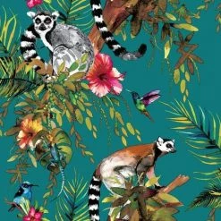 HOLDEN DECOR Teal Multicoloured Lemur Wallpaper Monkeys Flowers Floral Trees Animals Holden